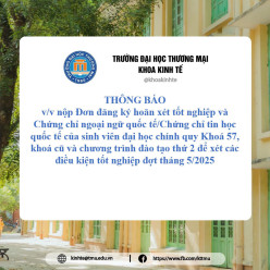 Thông báo về việc nộp Đơn/đăng ký hoãn  xét tốt nghiệp và Chứng chỉ ngoại ngữ quốc tế/Chứng chỉ tin học quốc tế của sinh viên đại học chính quy Khoá 57, khoá cũ và chương trình đào tạo thứ 2 để xét các điều kiện tốt nghiệp đợt tháng 5/2025