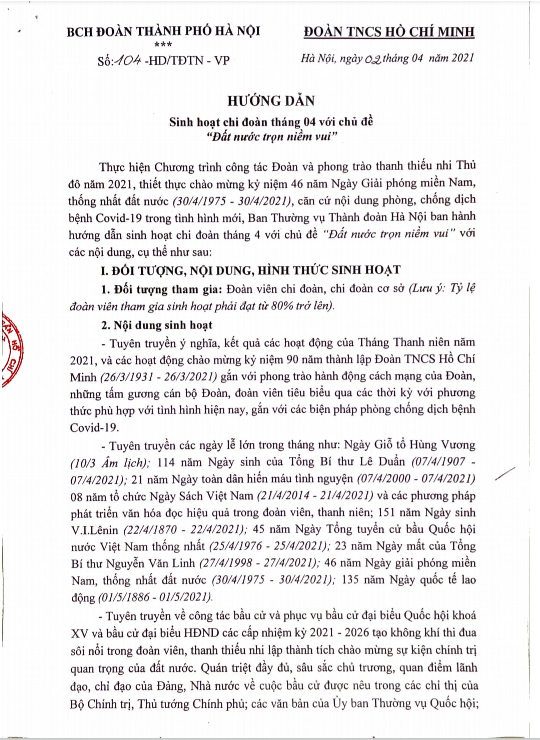 Công văn số 104-HD/TĐTN về việc "Hướng dẫn sinh hoạt Chi đoàn tháng 4"